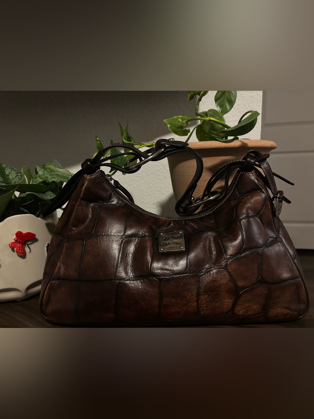 Dooney & Bourke Dark Brown Croc-Embossed Leather Shoulder Bag